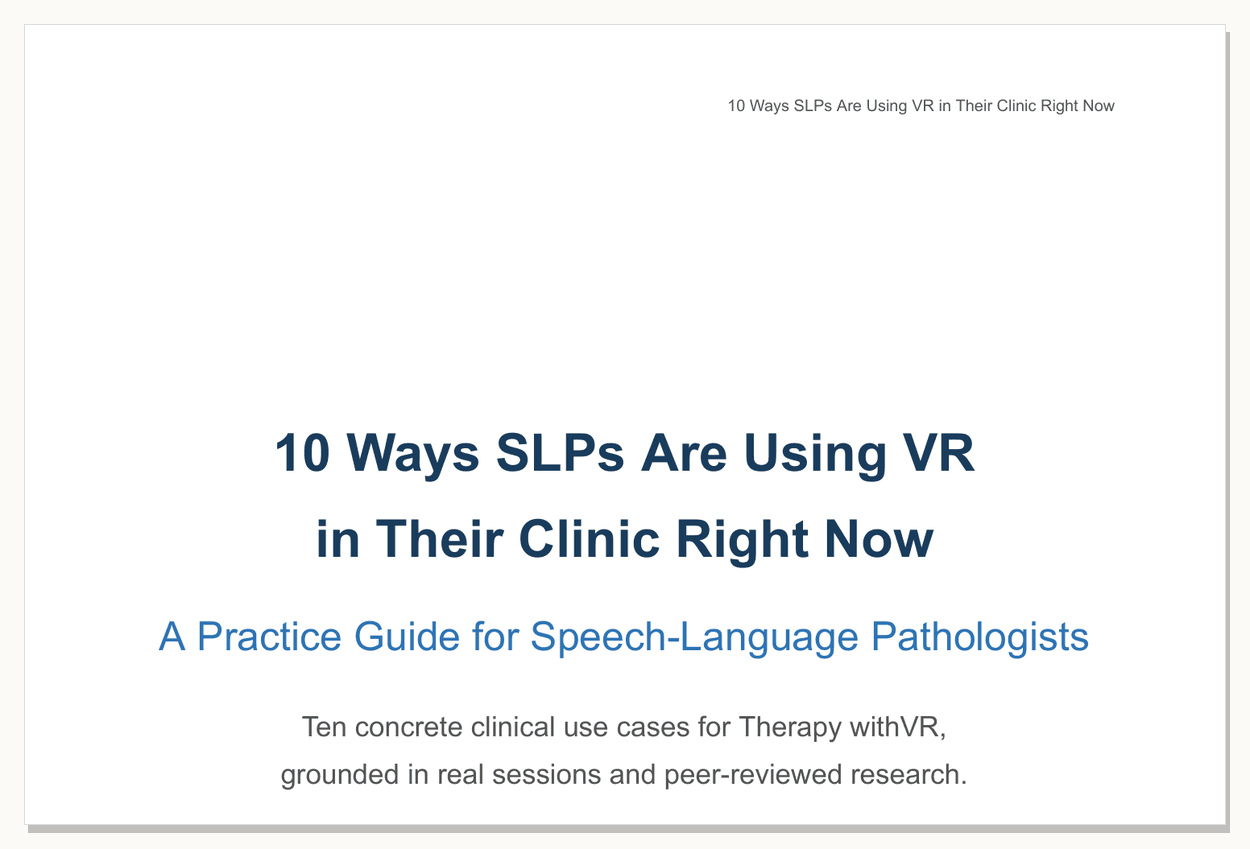 Preview of the 10 Ways SLPs Are Using VR practice guide - first page of the printable PDF.