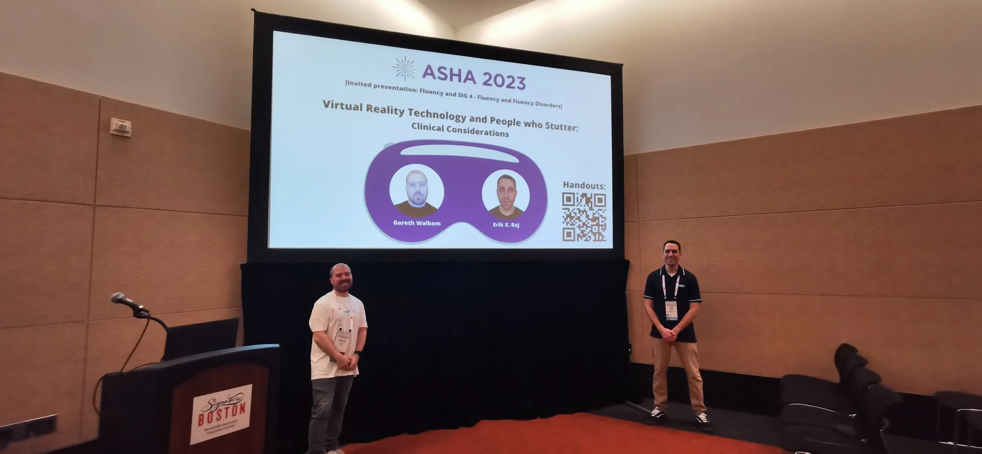 Gareth Walkom presenting on virtual reality in speech-language pathology at the ASHA Convention 2023 in Boston, USA
