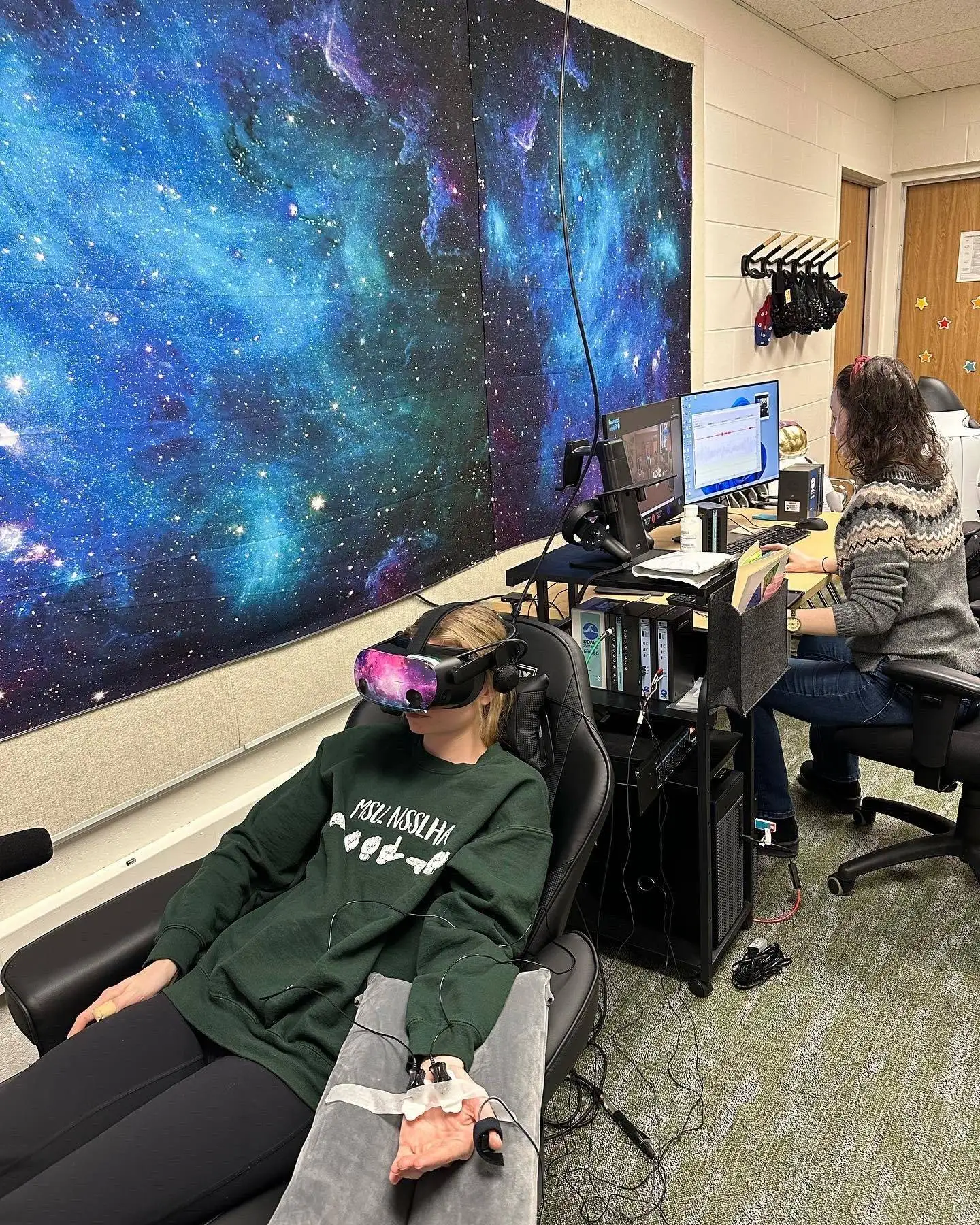 A research participant wearing a Meta Quest headset during a speech and stuttering study using the Research withVR platform.