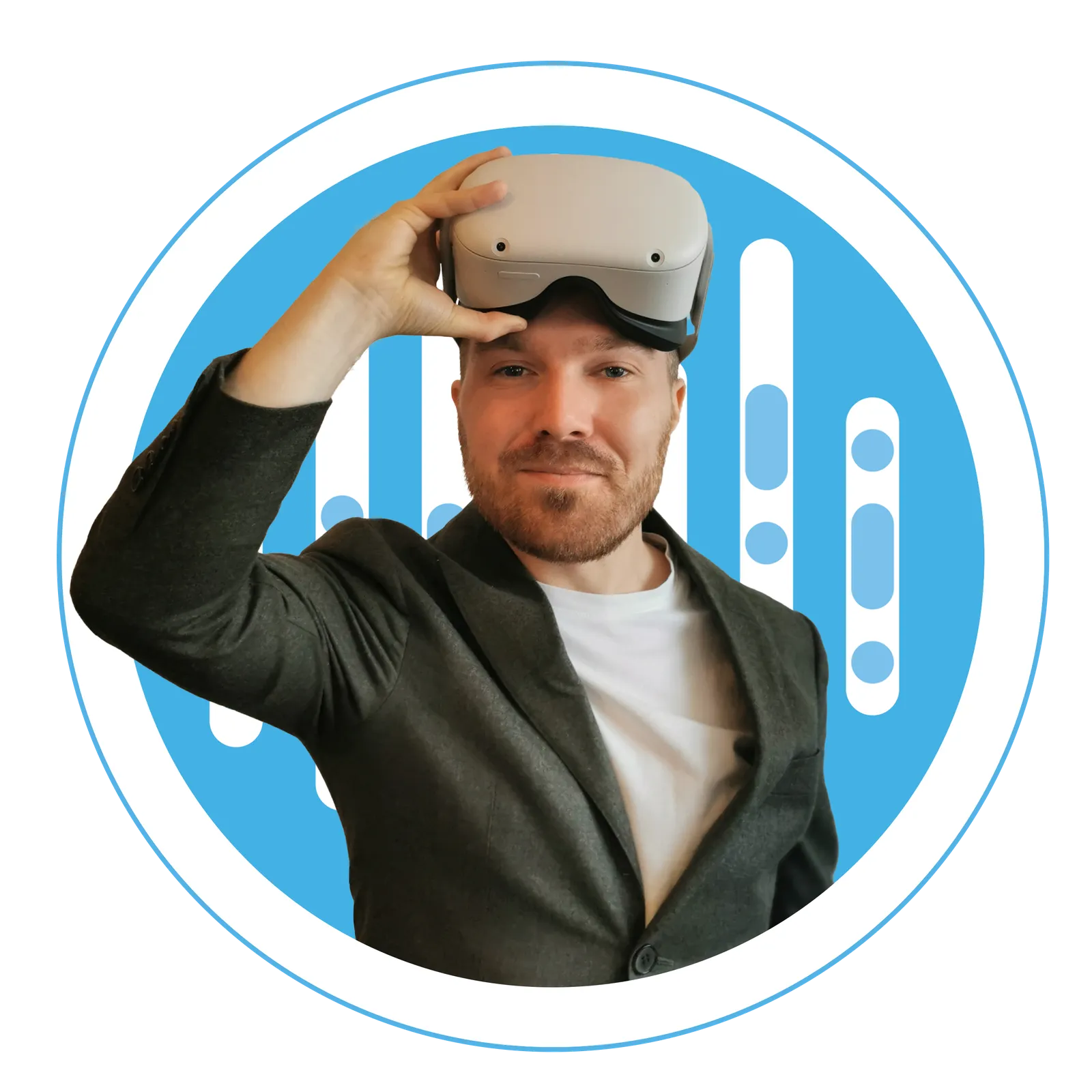 Gareth Walkom, withVR's founder, lifting a VR headset, the person who built the tool because he needed it.