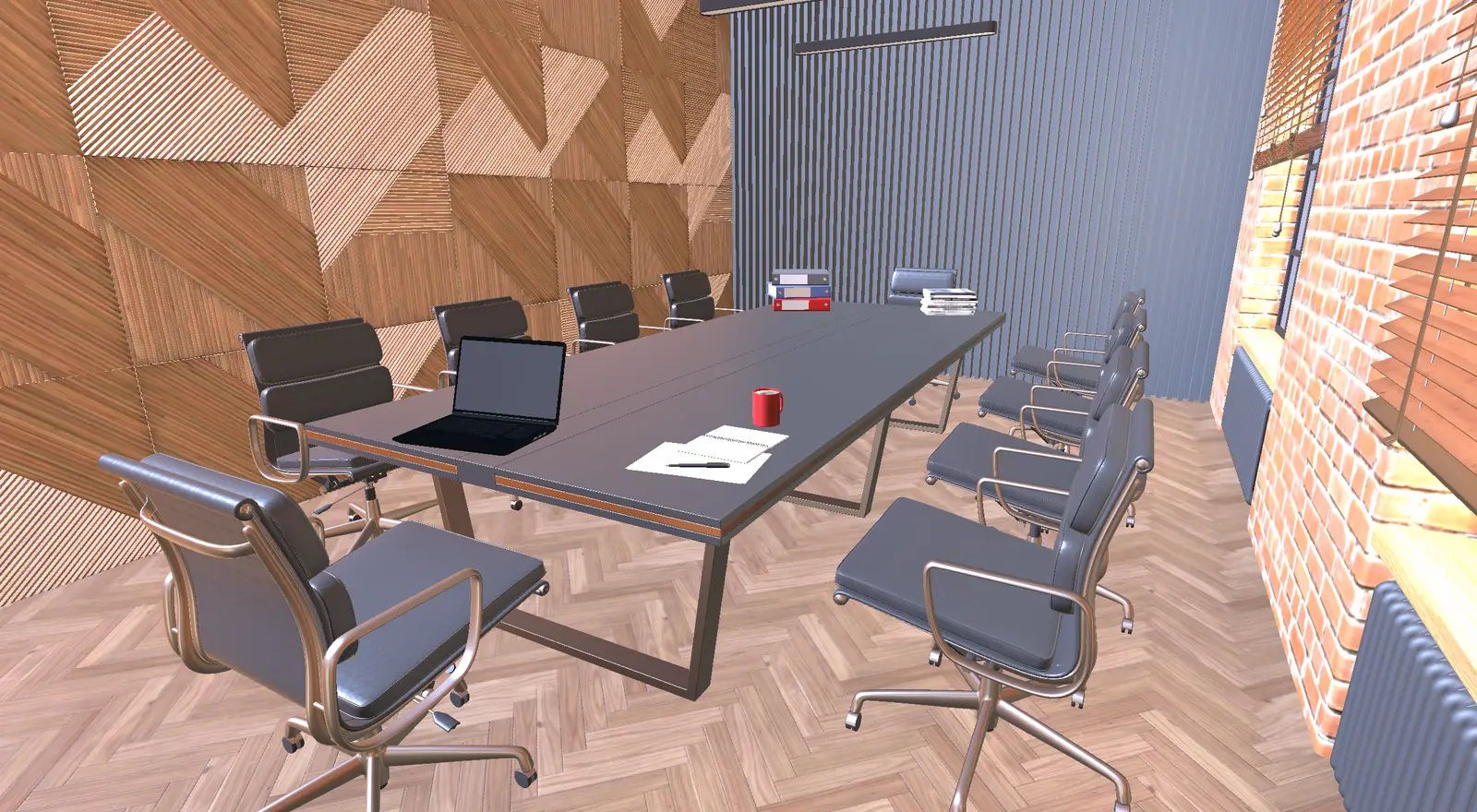 A VR meeting-room scene used for graded exposure work on social and presentation anxiety.
