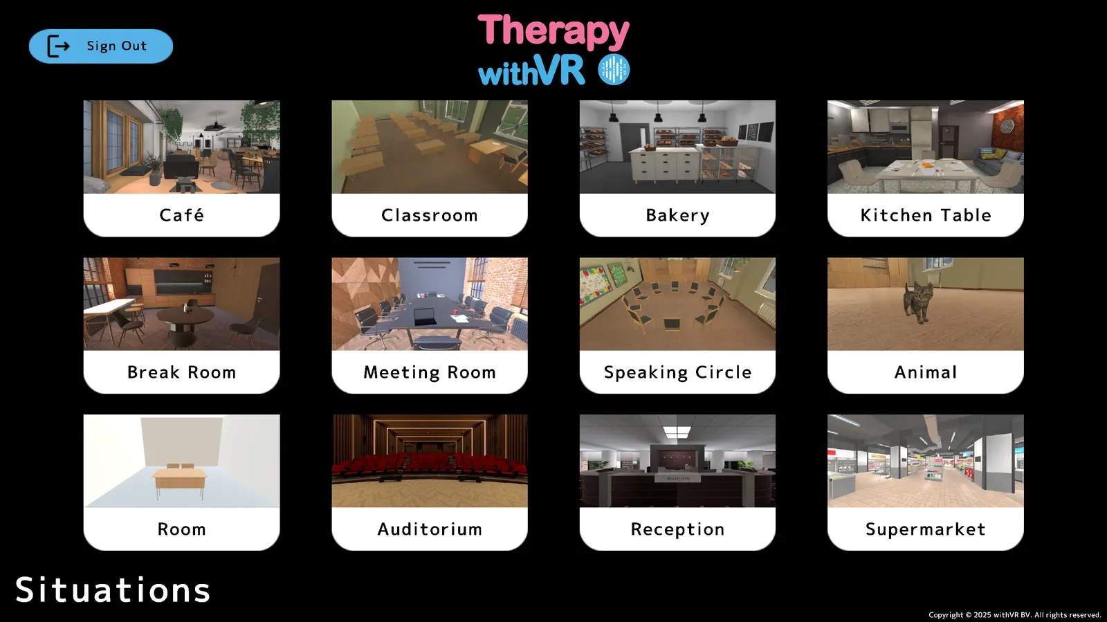 The Therapy withVR speaking-environments grid showing cafes, classrooms, auditoriums, and other practice scenes available to clinicians.