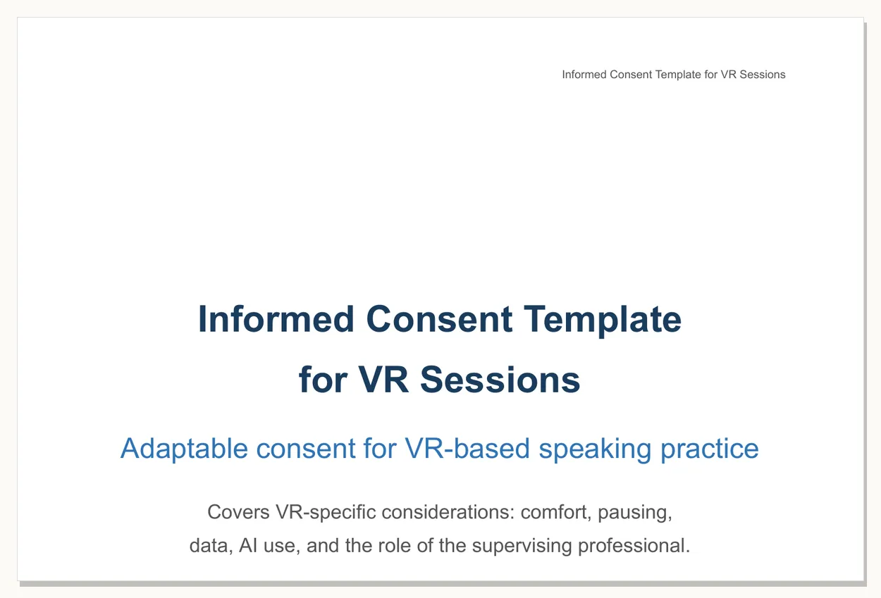 Preview of the Informed Consent Template for VR Sessions - first page of the printable PDF.