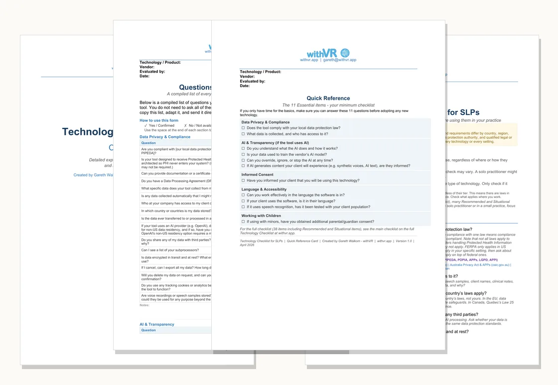 Preview of the Technology Checklist for SLPs - fanned composite of all four documents in the pack (full guide, quick reference, vendor question sheet, and one-pager).