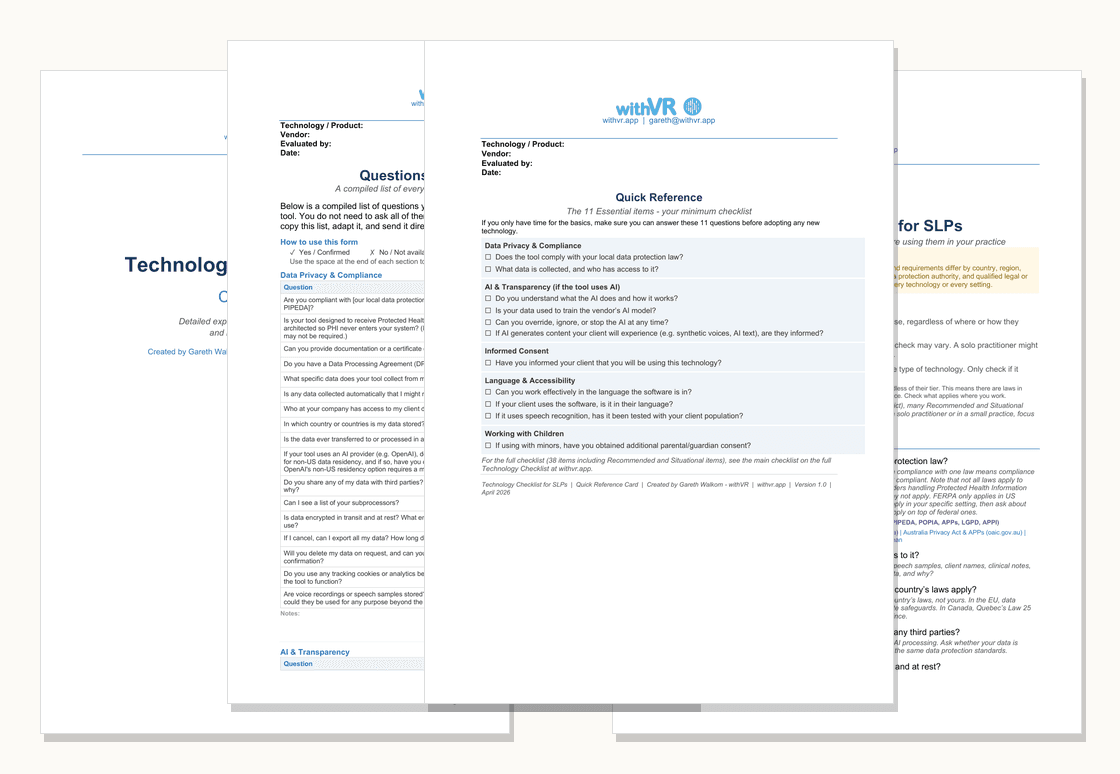 Preview of the Technology Checklist for SLPs - fanned composite of all four documents in the pack.