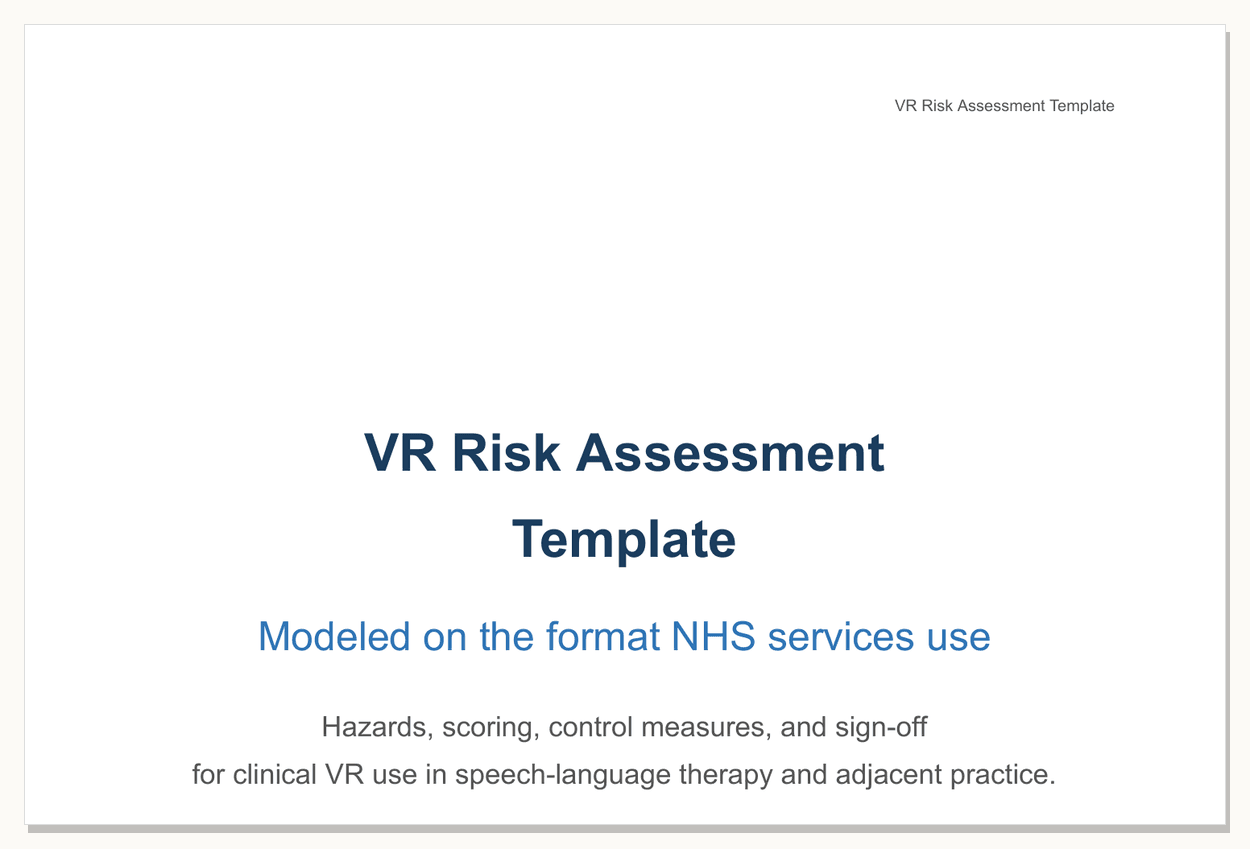 Preview of the VR Risk Assessment Template - first page of the printable PDF.