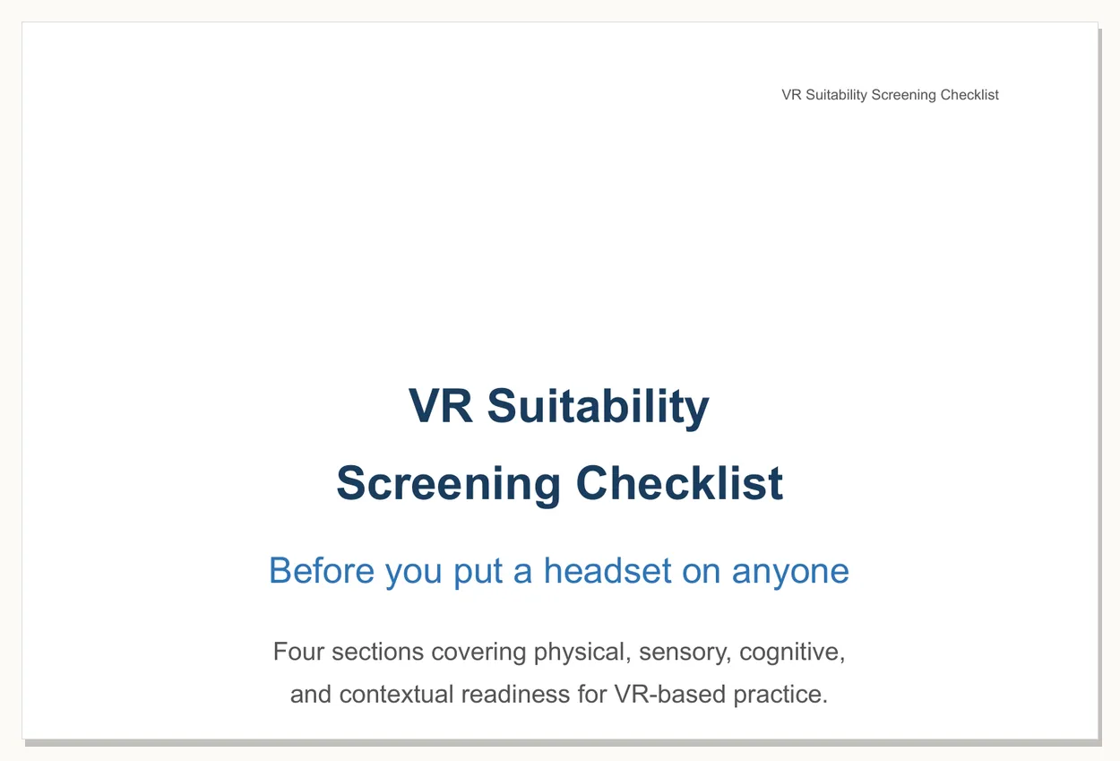 Preview of the VR Suitability Screening Checklist - first page of the printable PDF.