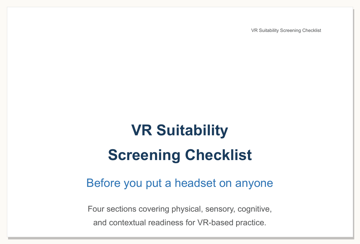 Preview of the VR Suitability Screening Checklist - first page of the printable PDF.