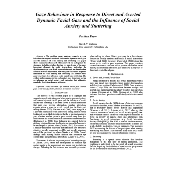 Gaze Behaviour in Response to Direct and Averted Dynamic Facial Gaze and the Influence of Social Anxiety and Stuttering