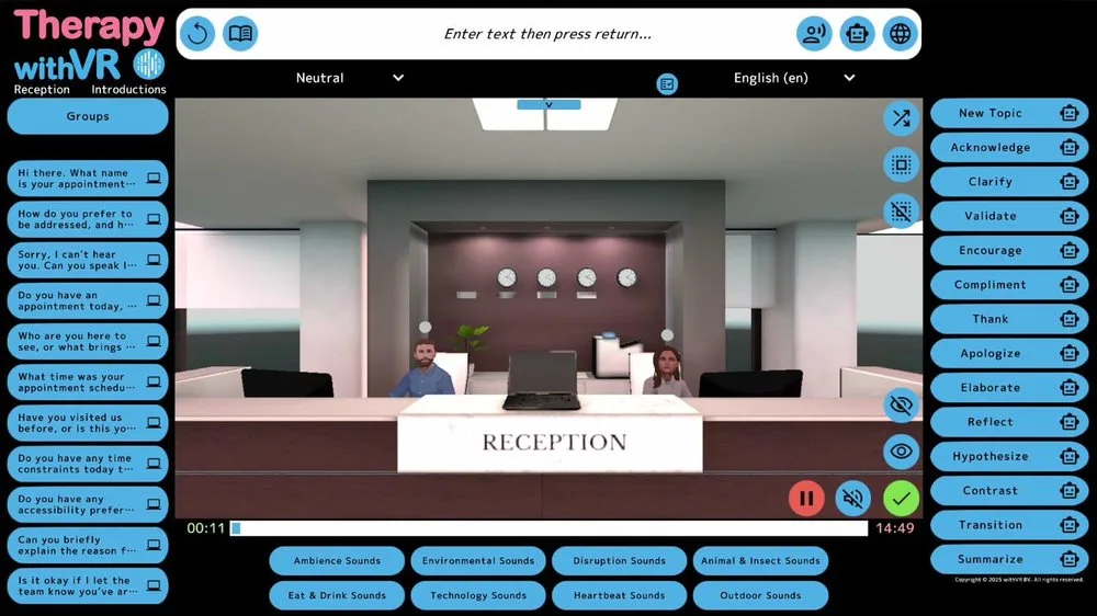 The AI Settings panel in Therapy withVR showing each AI feature off by default with explicit clinician toggles.