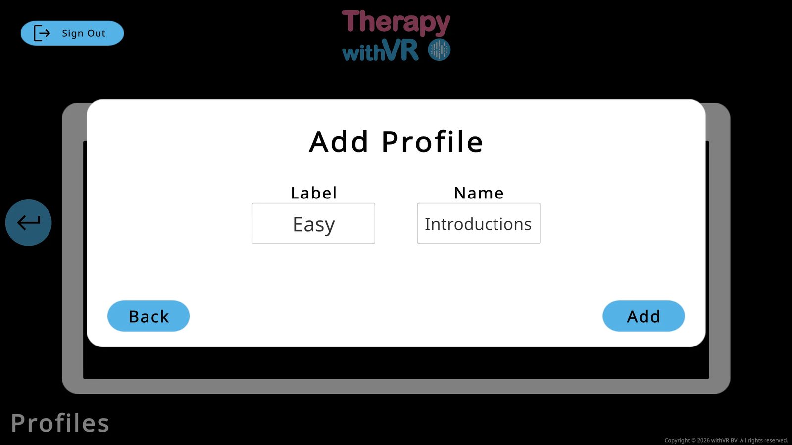 Add Profile modal with Label: 