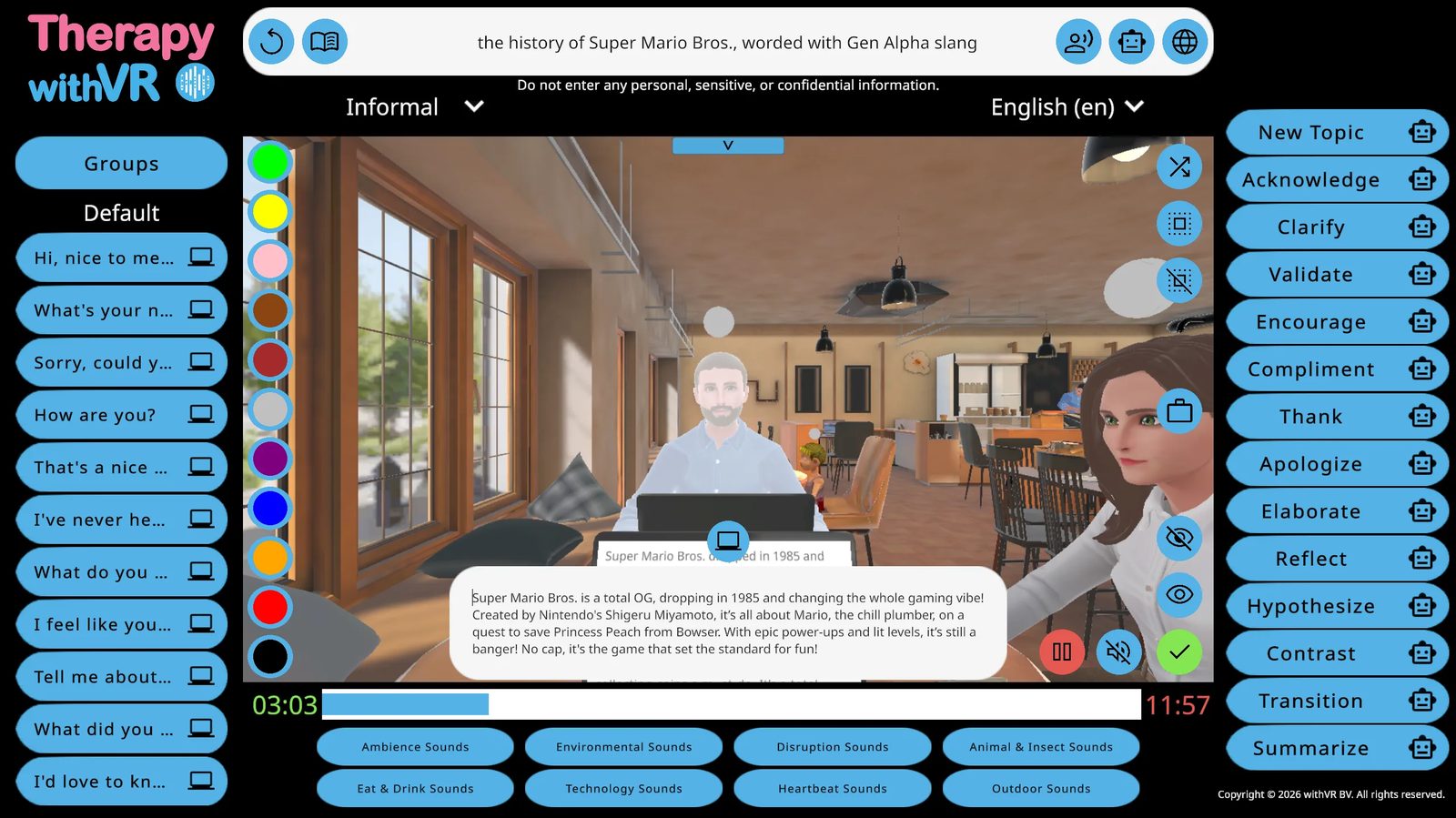 Session screen showing the 14 AI Prompt buttons on the right panel (New Topic, Acknowledge, Clarify, Validate, etc.) with an avatar selected in the VR preview