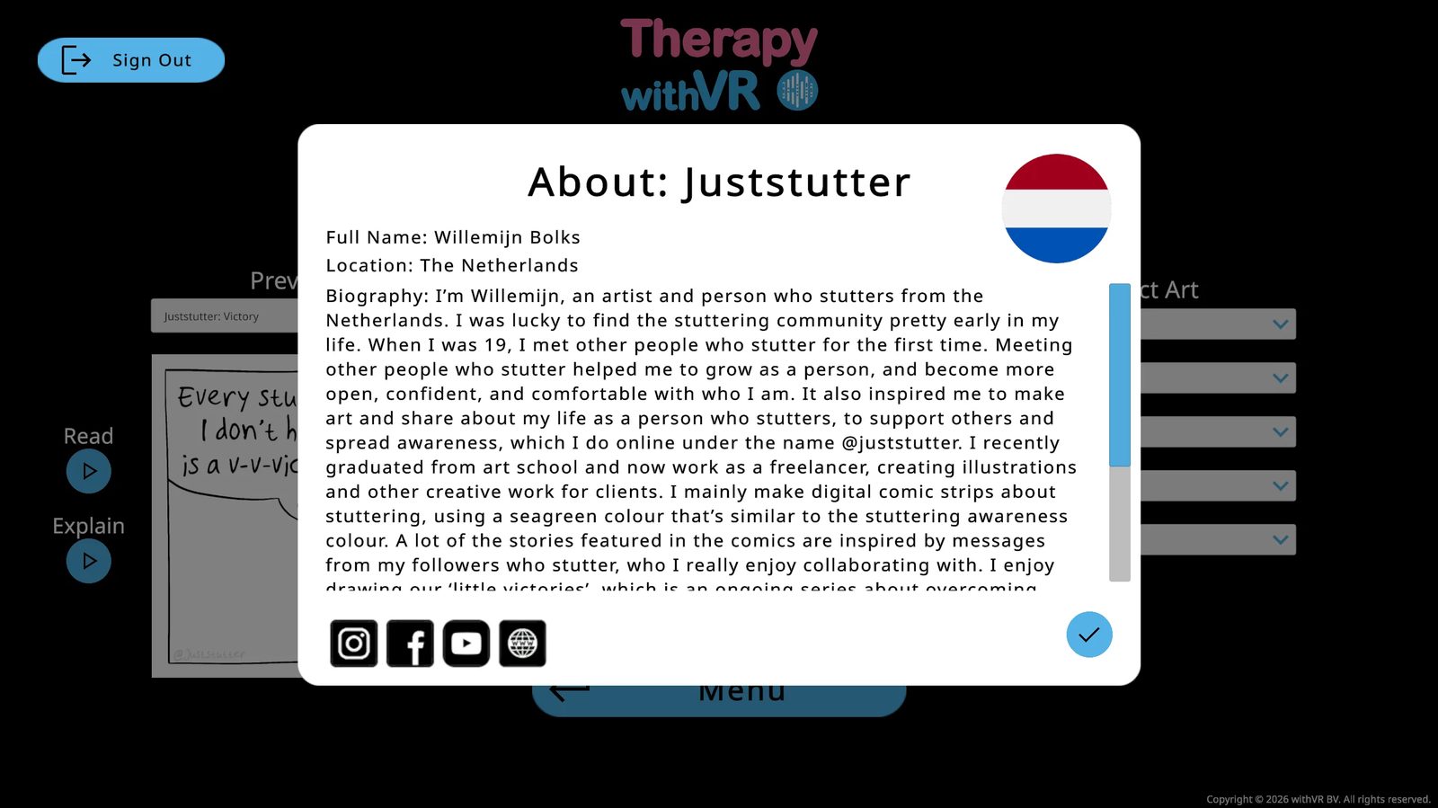 About: Juststutter modal - Dutch flag, full name and location, biography (scrollable), Instagram/Facebook/YouTube/website icons at bottom left, blue tick button bottom right