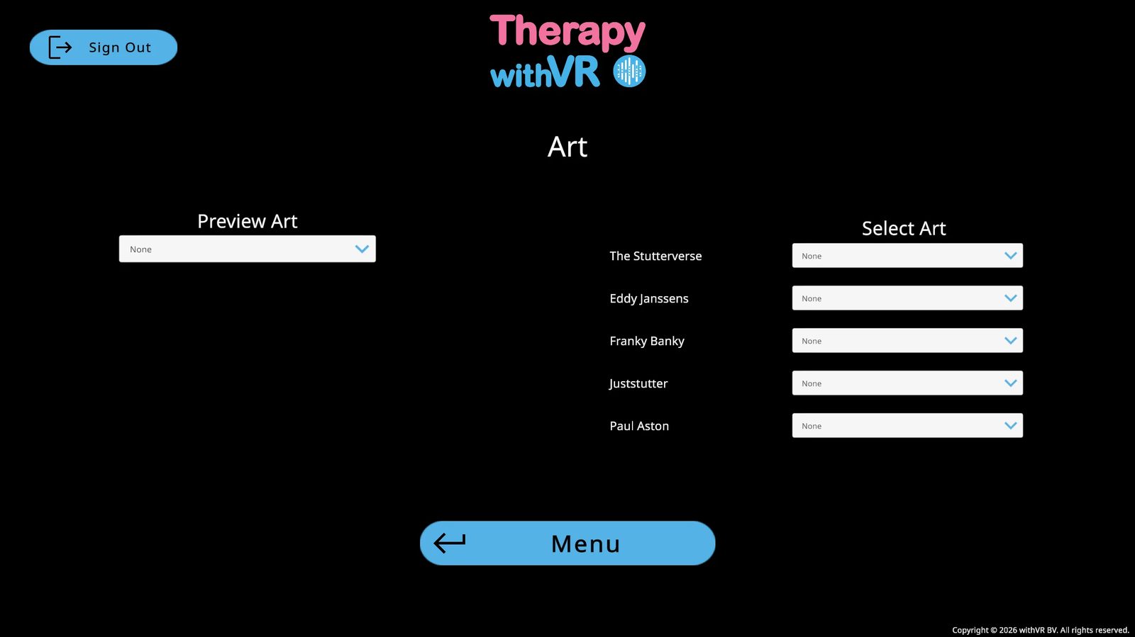 Art screen with nothing selected - Preview Art dropdown set to None (left), Select Art column showing all 5 artists with dropdowns set to None (right), blue Menu button at bottom
