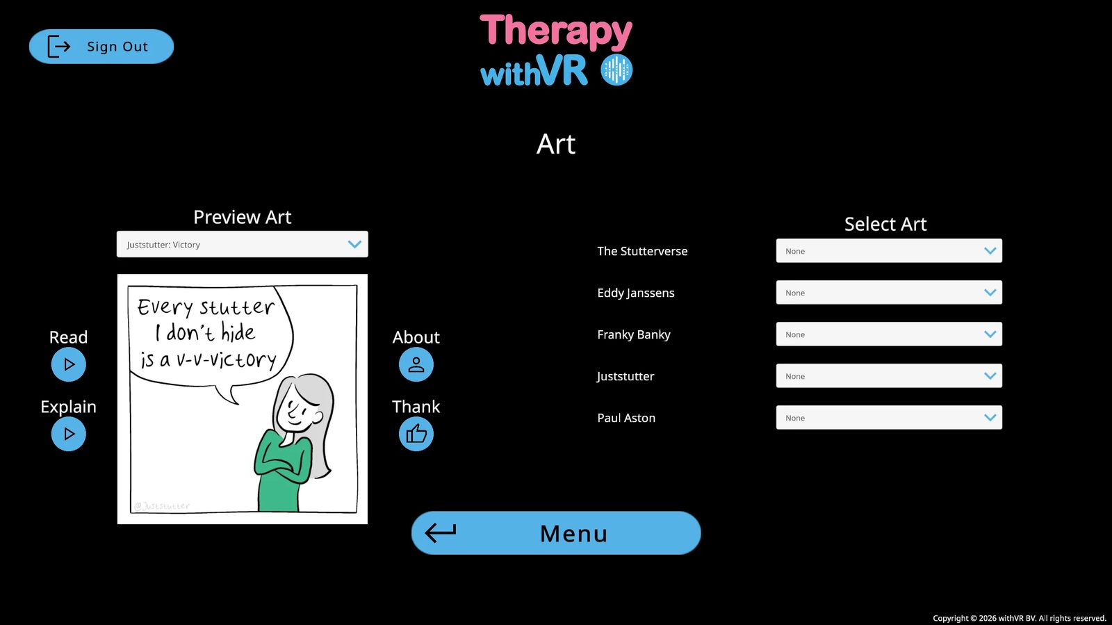 Art screen with Juststutter Victory selected in preview - illustration visible, Read and Explain blue play buttons on the left, About and Thank buttons on the right