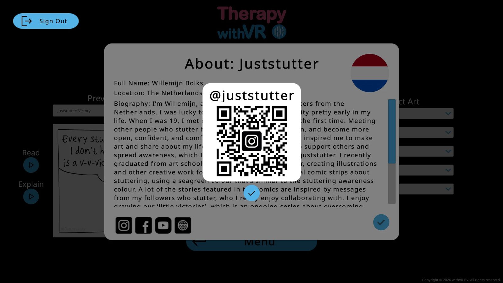 QR code overlay showing @juststutter handle and Instagram QR code - scan with phone to open the link