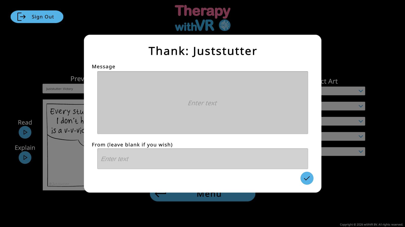 Thank: Juststutter modal - Message text area, optional From field below it, blue tick button bottom right