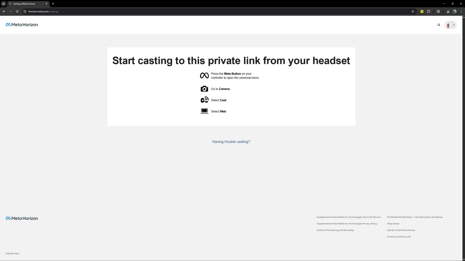 Web browser showing the casting connection page with instructions for connecting to the VR headset
