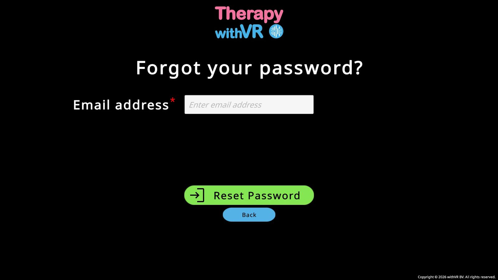 Forgot your password screen - email address field, green Reset Password button, blue Back button