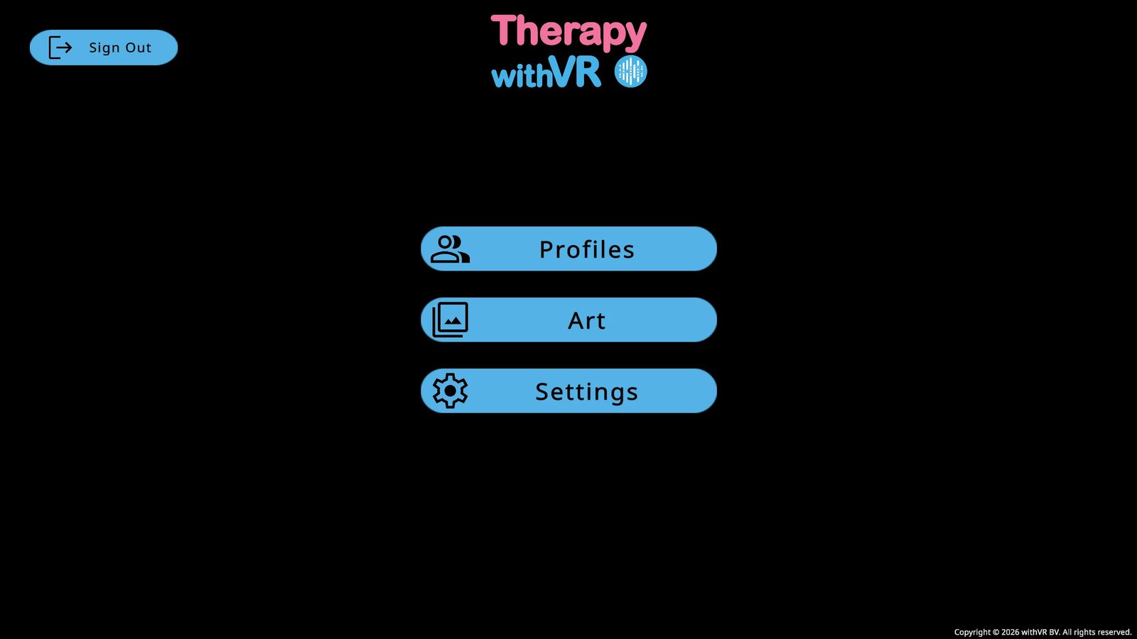 Main Menu - three large blue buttons: Profiles (person icon), Art (image icon), Settings (gear icon)