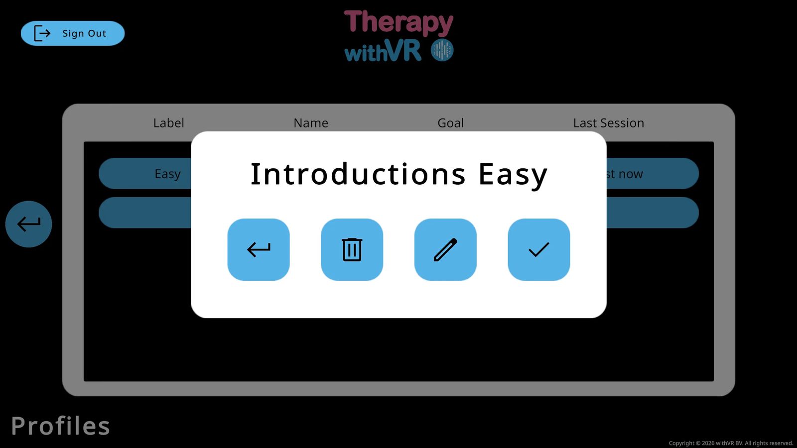 Profile options popup titled 