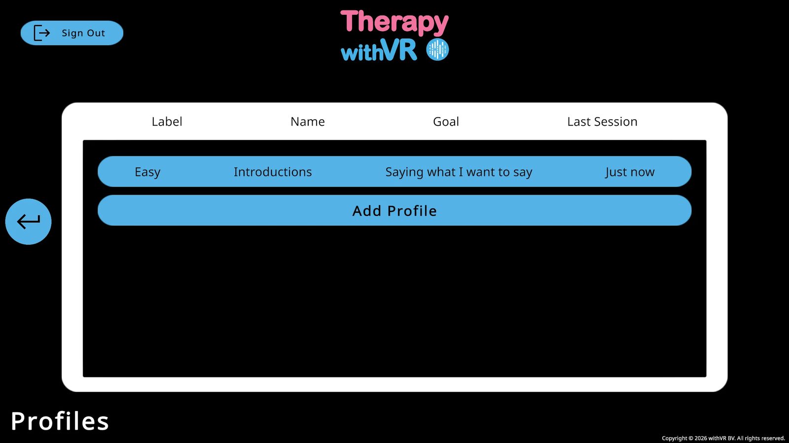 Profiles screen after completing a session - the profile row now shows: Label 