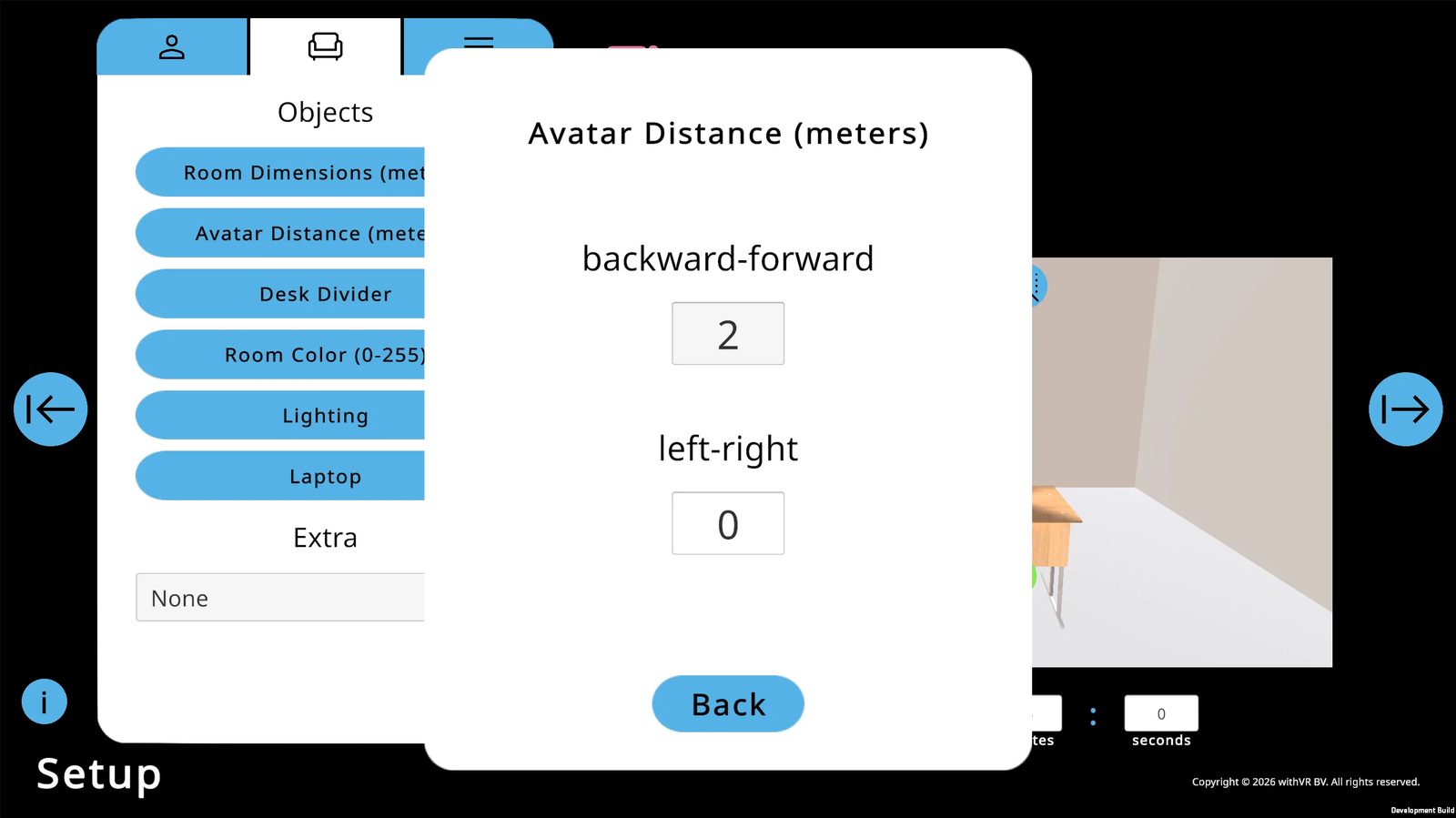 Avatar Distance dialog showing backward-forward set to 2 meters and left-right set to 0 meters