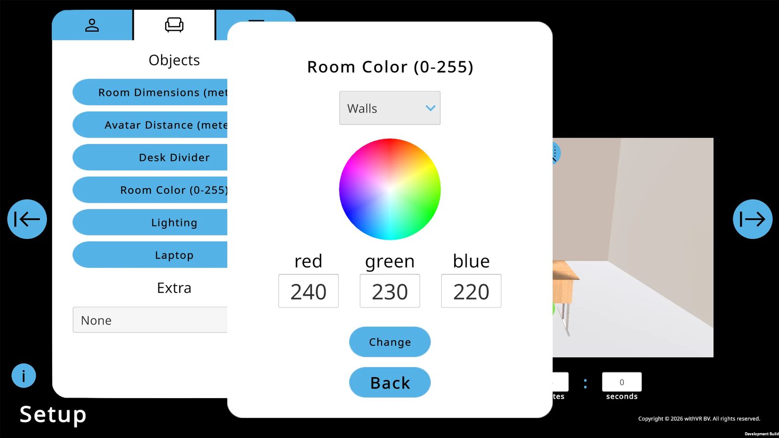 Room Color dialog showing color wheel, Walls dropdown, RGB input fields, and Change button