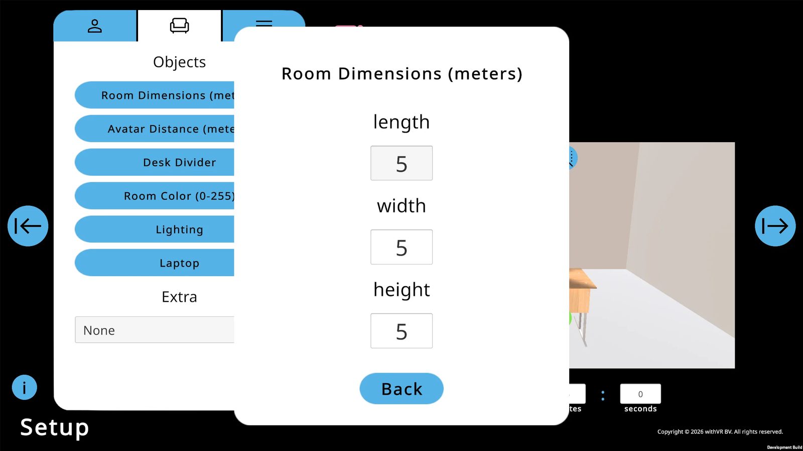 Room Dimensions dialog showing length, width, and height fields all set to 5 meters