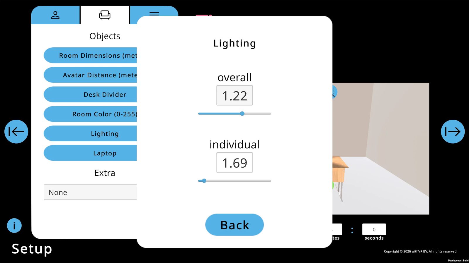 Lighting dialog showing overall and individual brightness sliders