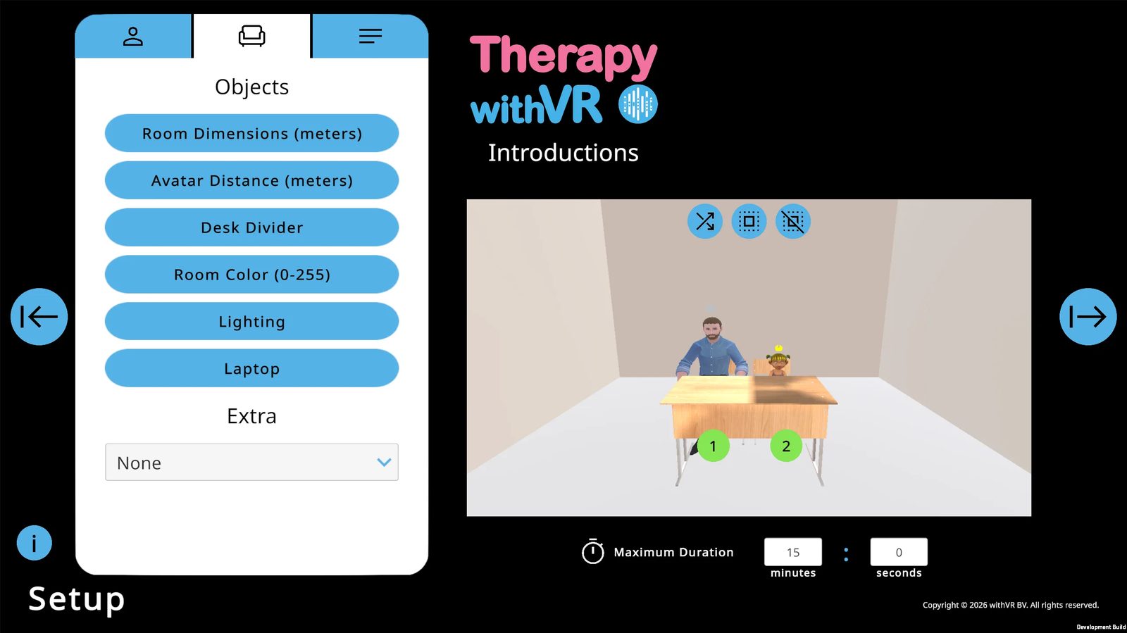 Setup screen showing Room situation Objects panel with Room Dimensions, Avatar Distance, Desk Divider, Room Color, Lighting, and Laptop controls