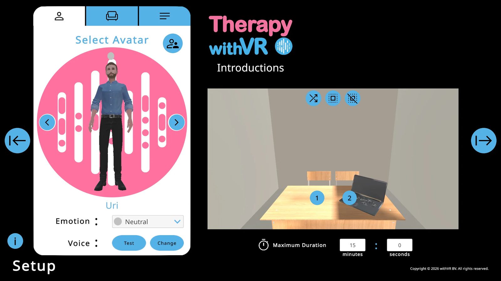 Setup screen showing the Room situation with two avatars seated at a desk, demonstrating the customizable environment