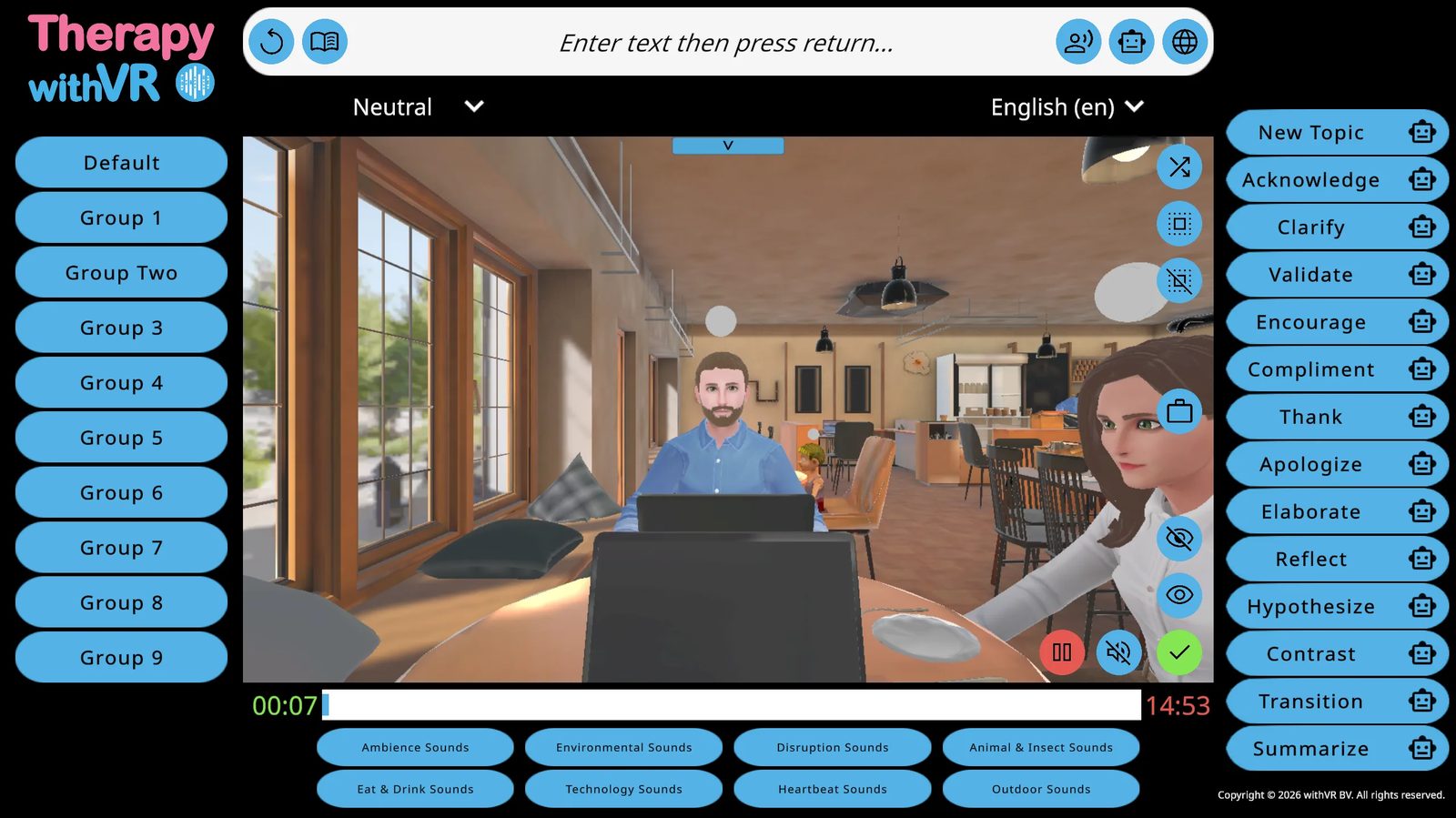 Full session screen overview - left panel showing sentence groups, center showing VR preview of Café with two avatars and avatar control icons on the right edge, right panel showing 14 AI Prompt buttons, bottom showing 8 sound category buttons, timer bar showing 00:07 green (left) and 14:53 red (right)