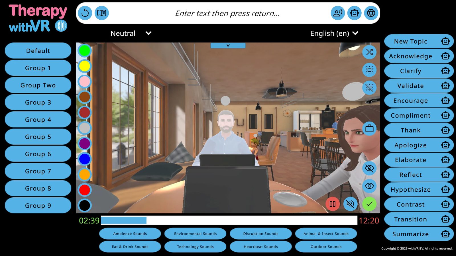 Session screen with emotion color picker visible - colored circles on the left edge of the VR preview showing available emotions for the selected avatar
