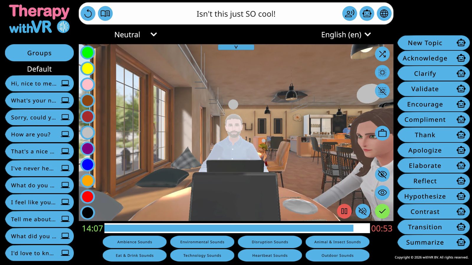 Session screen with text typed into the input bar and the avatar speaking it in the VR preview