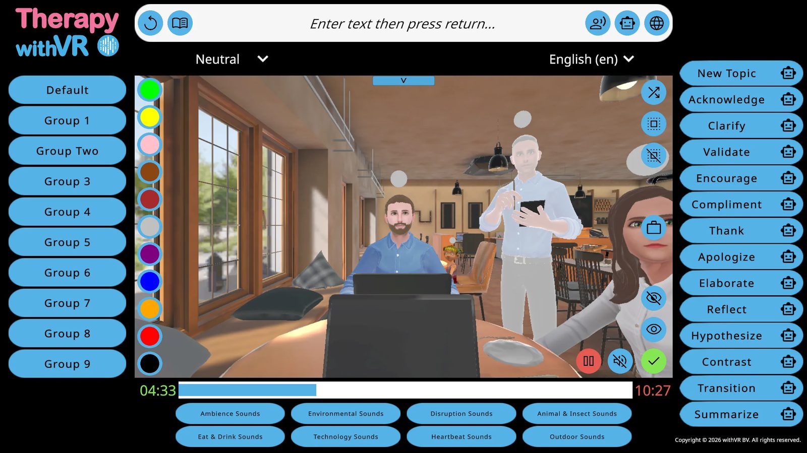 Session screen VR preview showing the waiter avatar has arrived at the table and is standing with a notepad and pencil in their hands