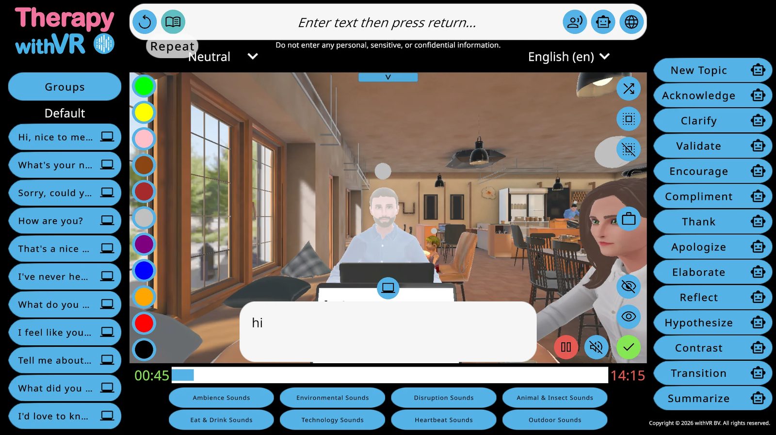 Web app session running without a VR headset - the full session screen visible in a browser window on a laptop, showing the VR preview of a Café situation with avatars, sentence groups on the left, and AI Prompts on the right