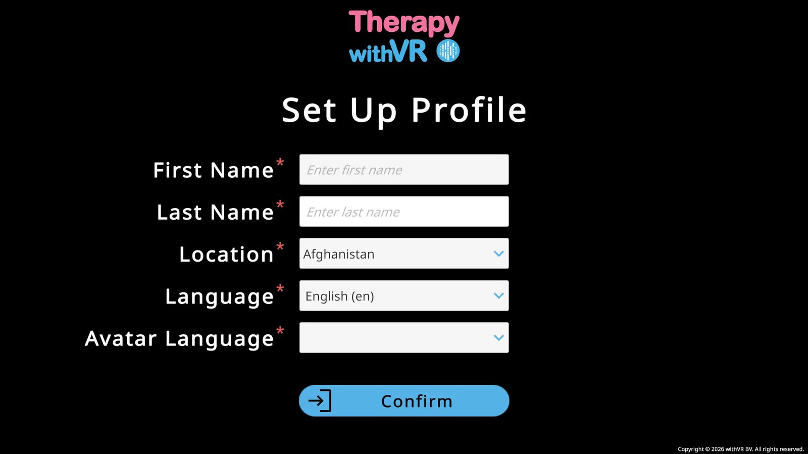 Set Up Profile screen - First Name, Last Name, Location dropdown, Language dropdown, Avatar Language dropdown, blue Confirm button