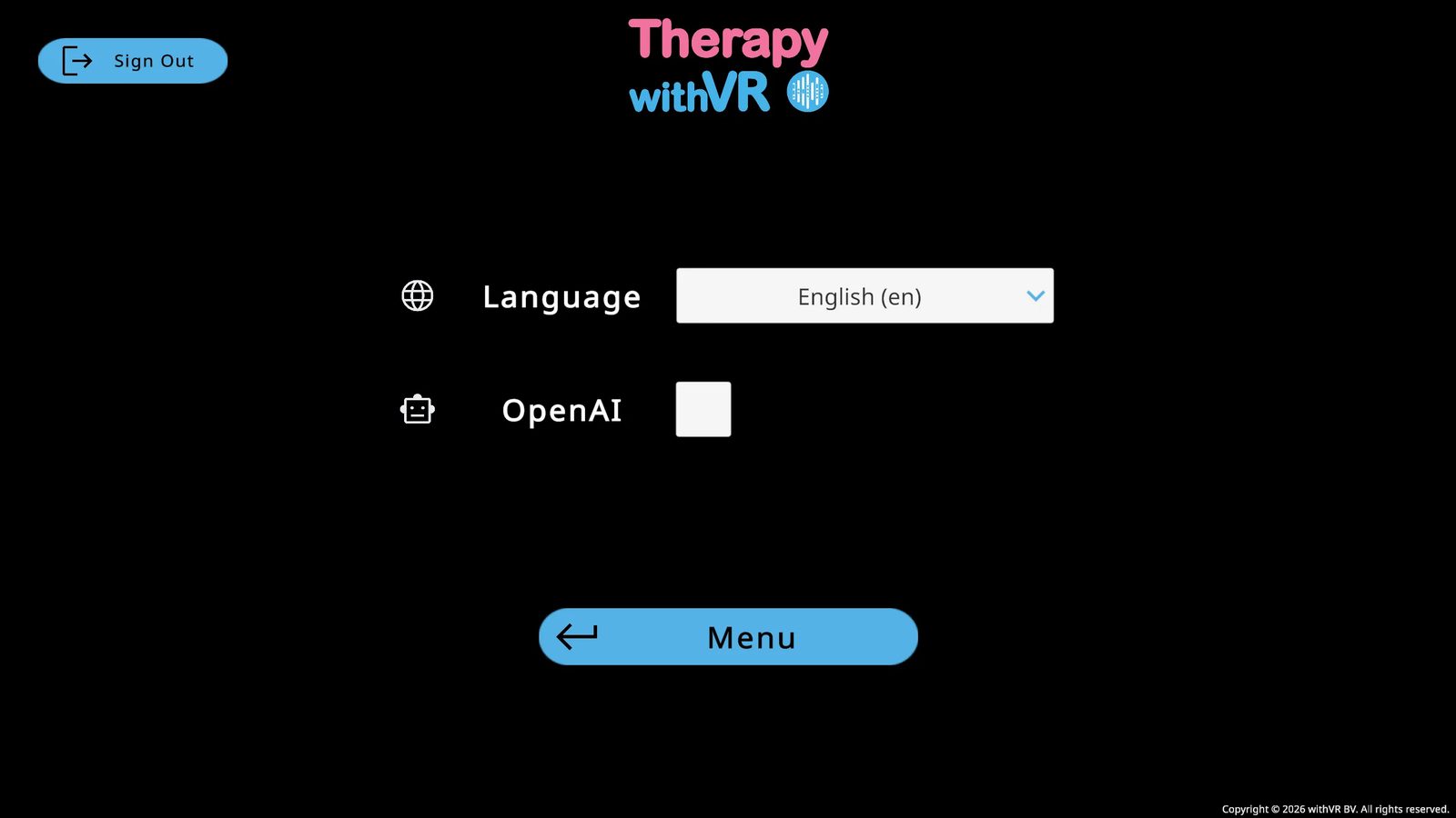 Settings screen - Language dropdown set to English (en), OpenAI checkbox unchecked, blue Menu button at bottom