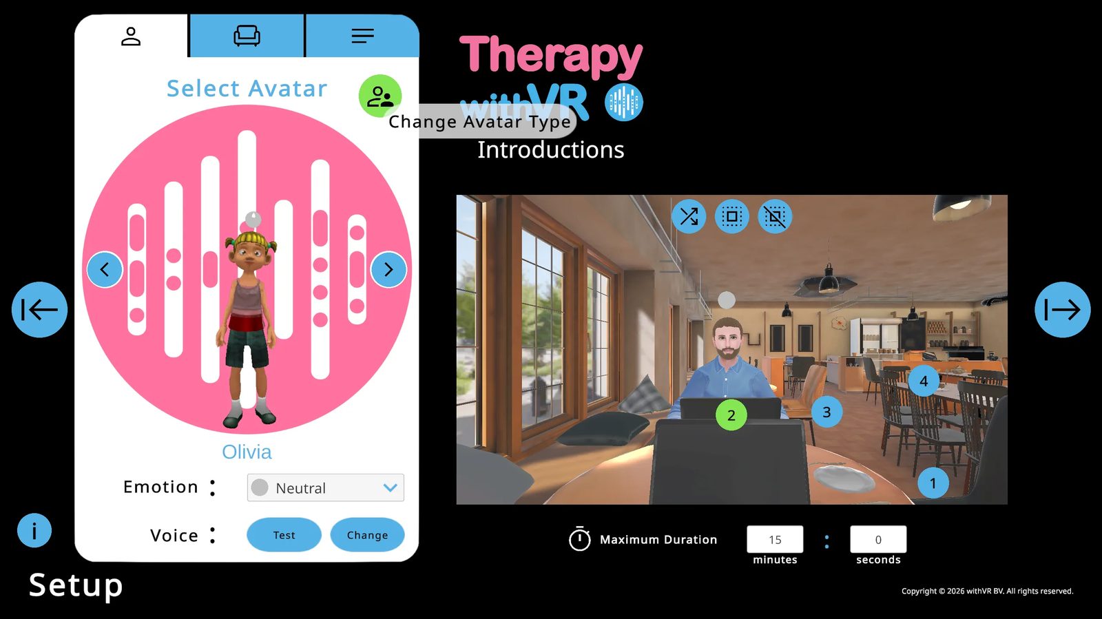 Setup screen showing child avatar Olivia in the left panel, position 2 turned green in the VR preview indicating an avatar has been placed there, 