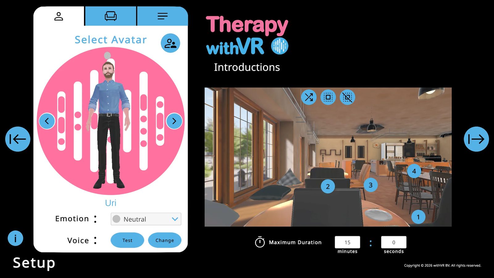 Setup screen overview - Avatar tab active, situation in VR preview with numbered blue circles showing all available avatar positions, avatar shown in left panel, Maximum Duration below the preview