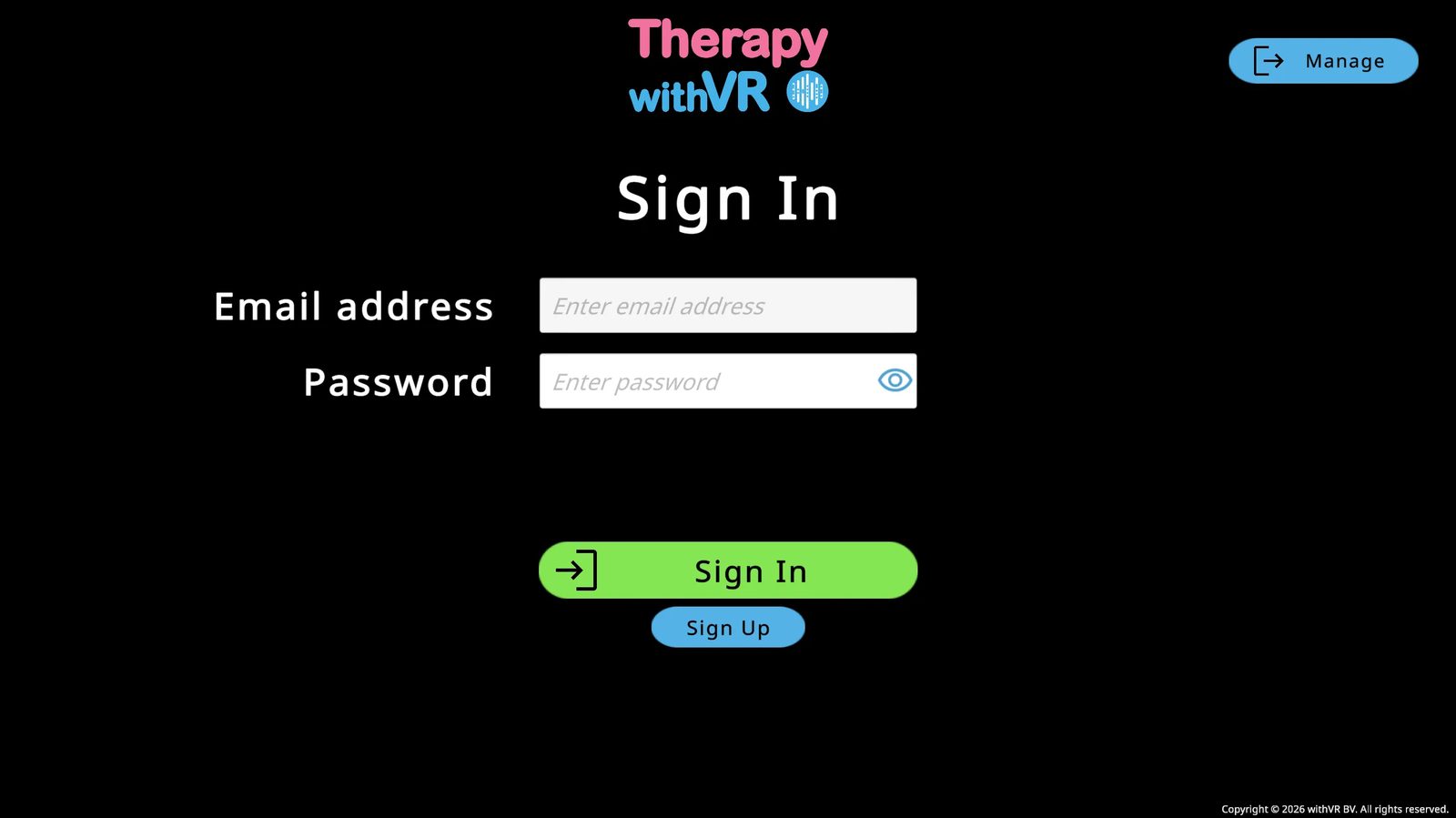 Sign In page - email and password fields, green Sign In button, blue Sign Up button below, blue Manage button top right