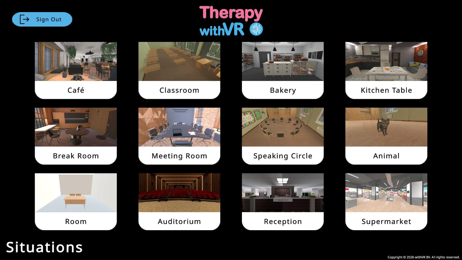 Situations screen - 12 tiles in a 4x3 grid, each showing a photorealistic VR preview and the situation name: Café, Classroom, Bakery, Kitchen Table, Break Room, Meeting Room, Speaking Circle, Animal, Room, Auditorium, Reception, Supermarket