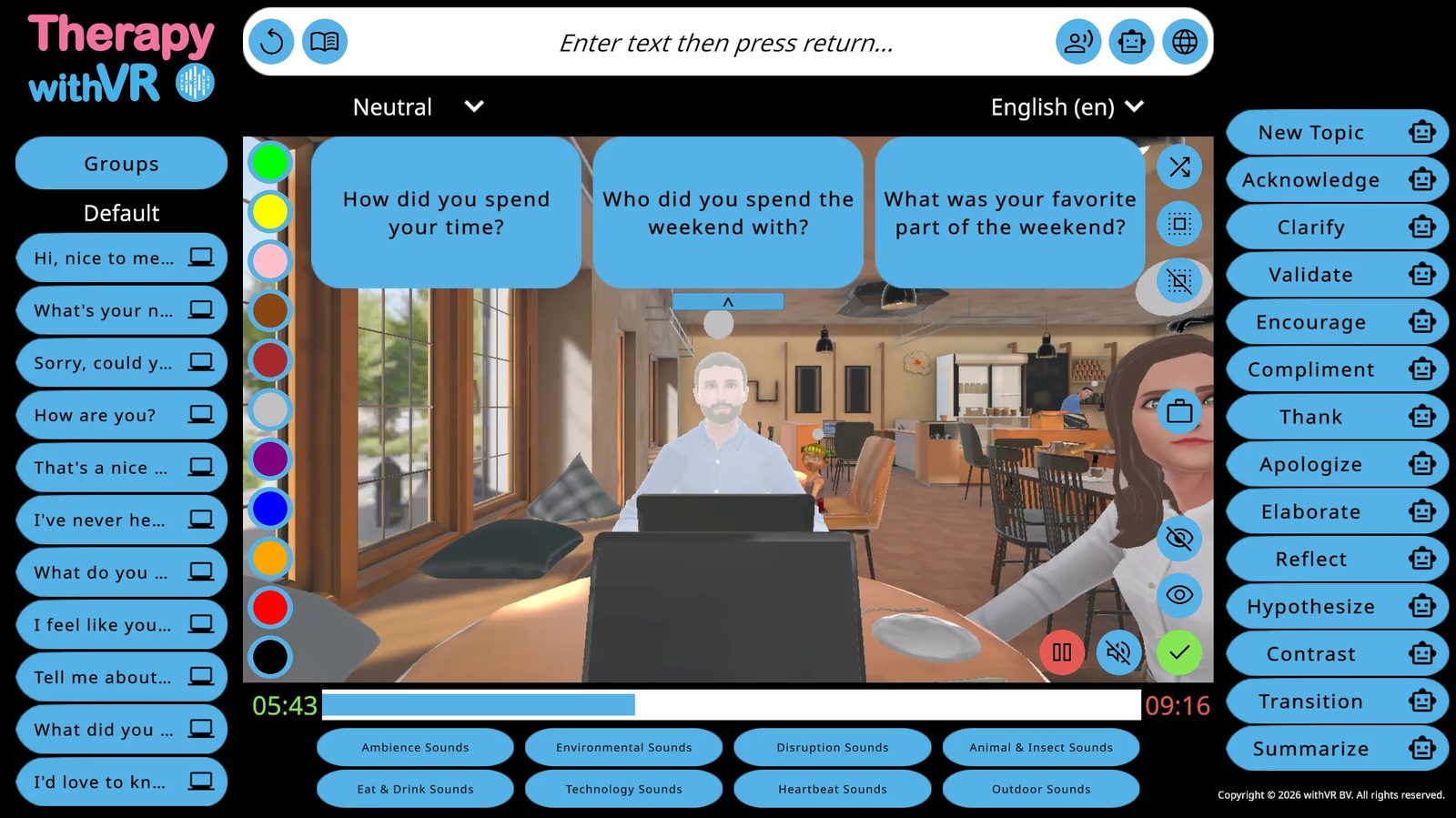 Annotated session screen showing the parallel workflow - arrows indicate moving the cursor to an AI Prompt while the person inside VR is still speaking, with sentence groups open on the left ready to click