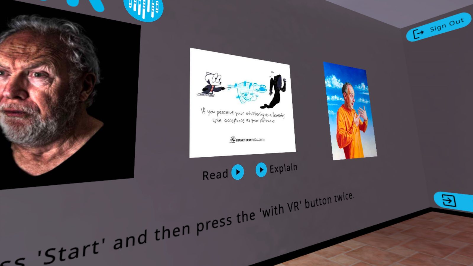 VR Waiting Room from the person's perspective showing artwork displayed on the wall with Read and Explain buttons below each piece