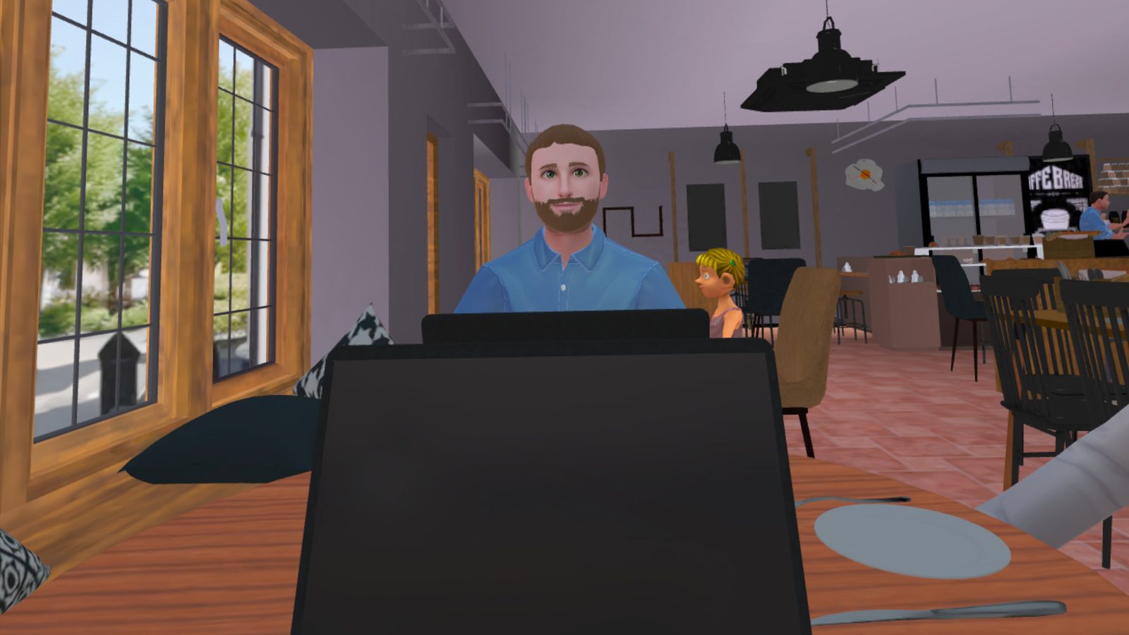 VR Café session from the person's perspective - bearded adult male avatar seated left with laptop on table, child avatar in the middle background, standing adult male (waiter) with notepad, adult female seated right