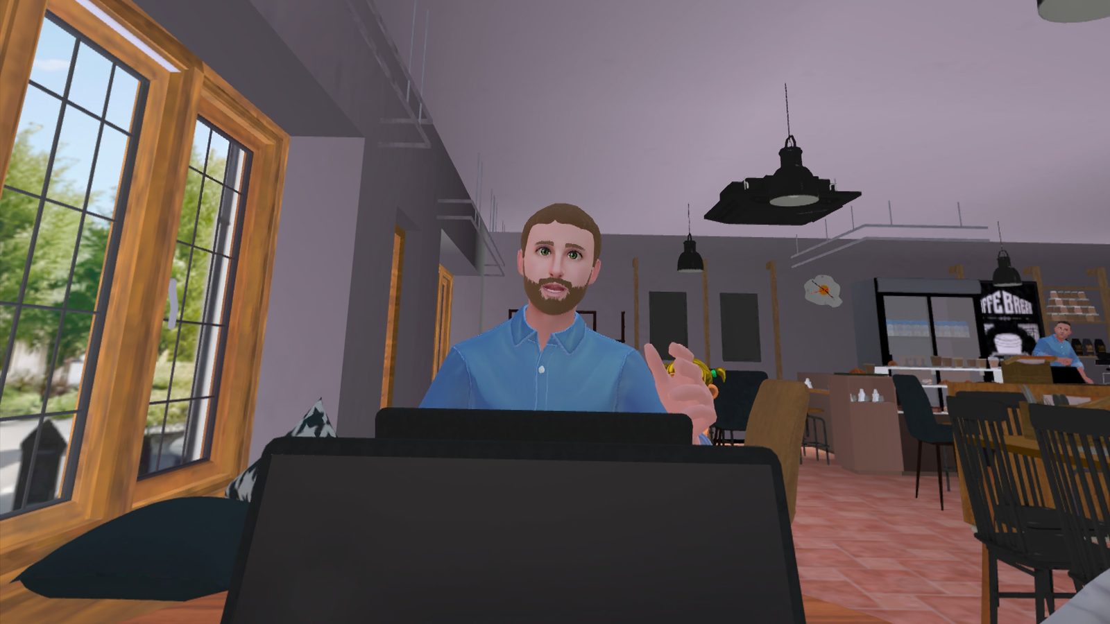 VR Café close-up of the bearded male avatar actively speaking - mouth open, hand raised in a gesture, realistic mouth movement animation visible