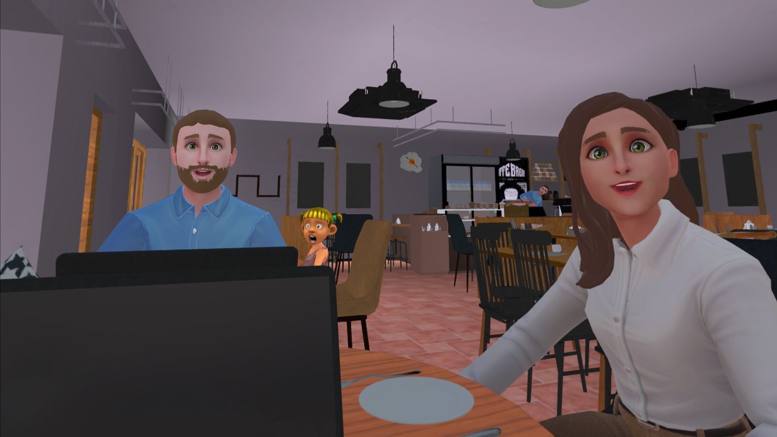 VR Café showing the Surprised emotion applied - adult male and female avatars both showing wide eyes and open mouths, child avatar also reacting, demonstrating real-time emotion changes