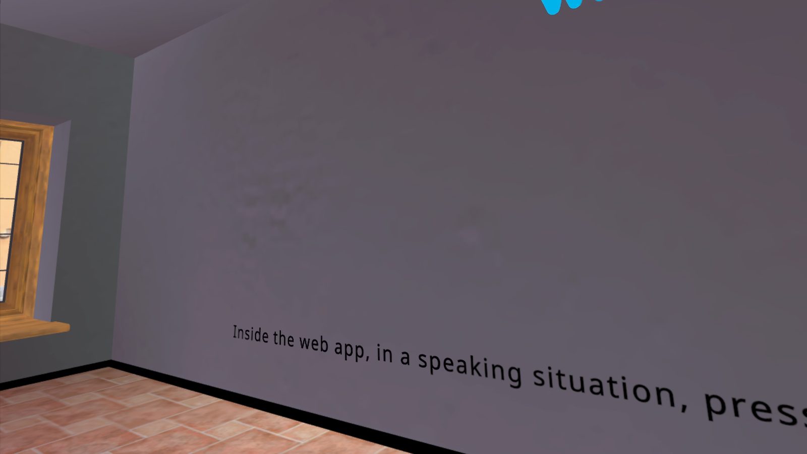 VR right wall - Sign Out button (top left of wall) and Exit button (bottom left of wall) on a plain gray wall