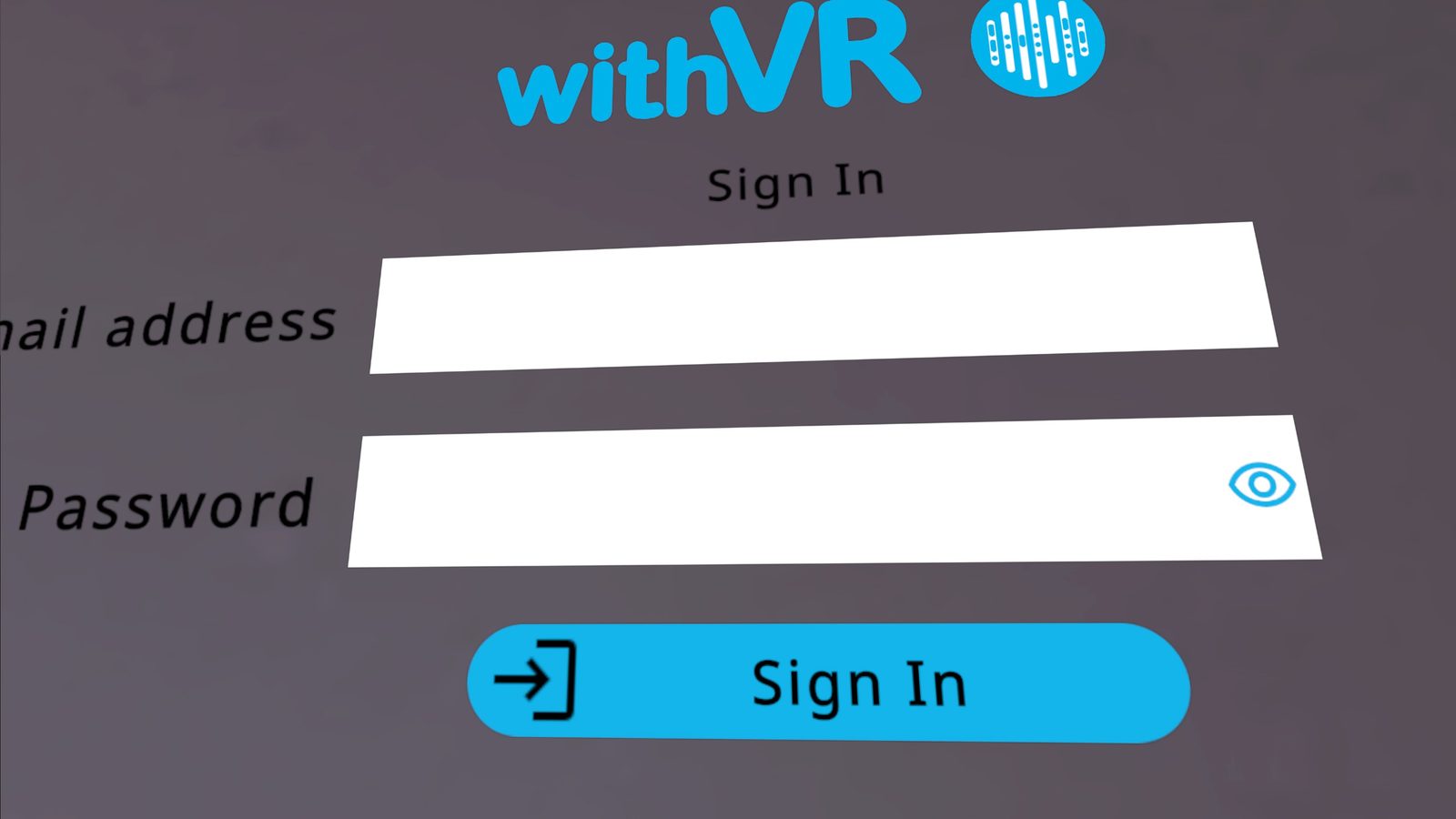 VR Sign In screen on the wall - Therapy withVR logo, Sign In heading, Email Address and Password input fields, blue Sign In button